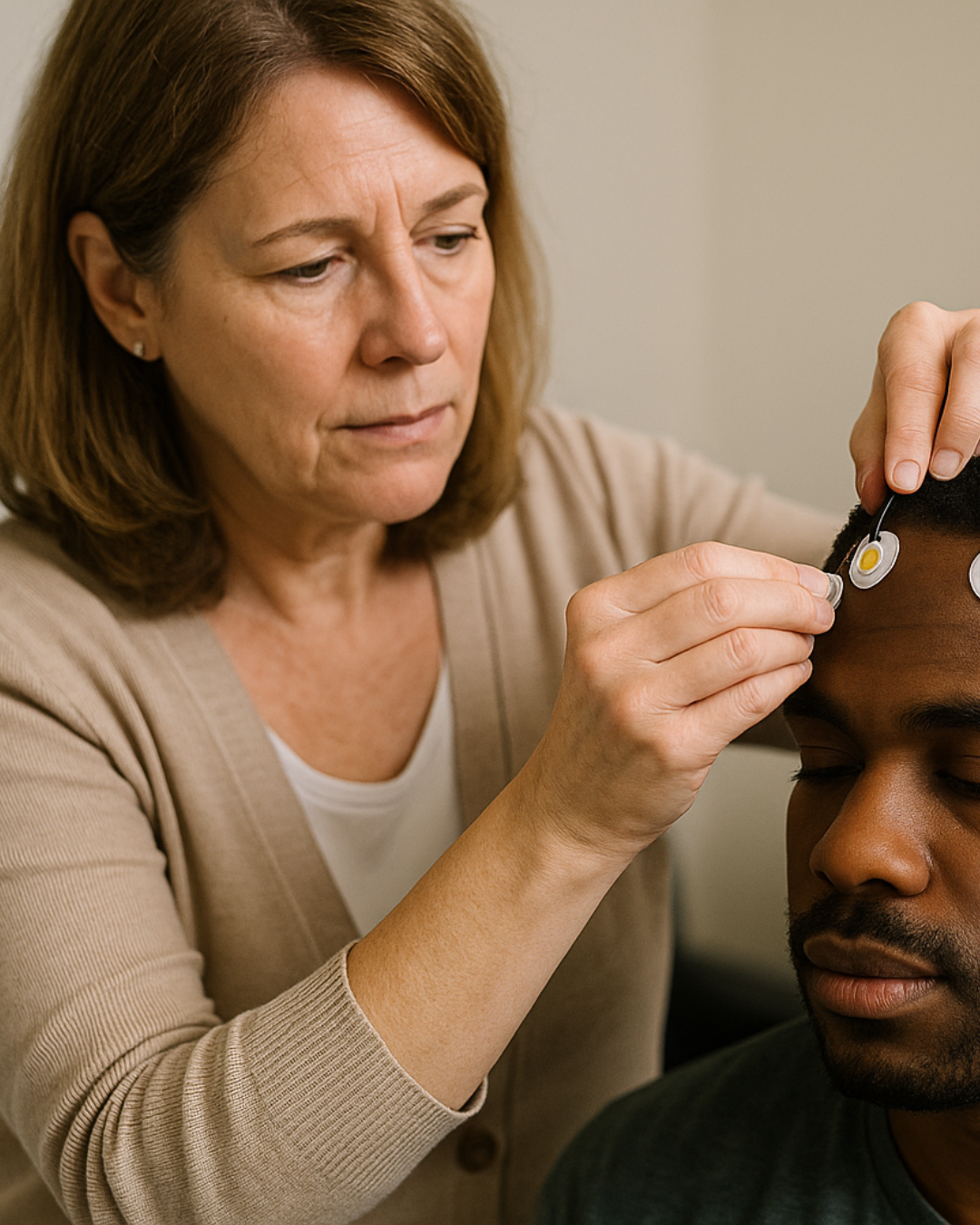 woman applying electrodes to a man