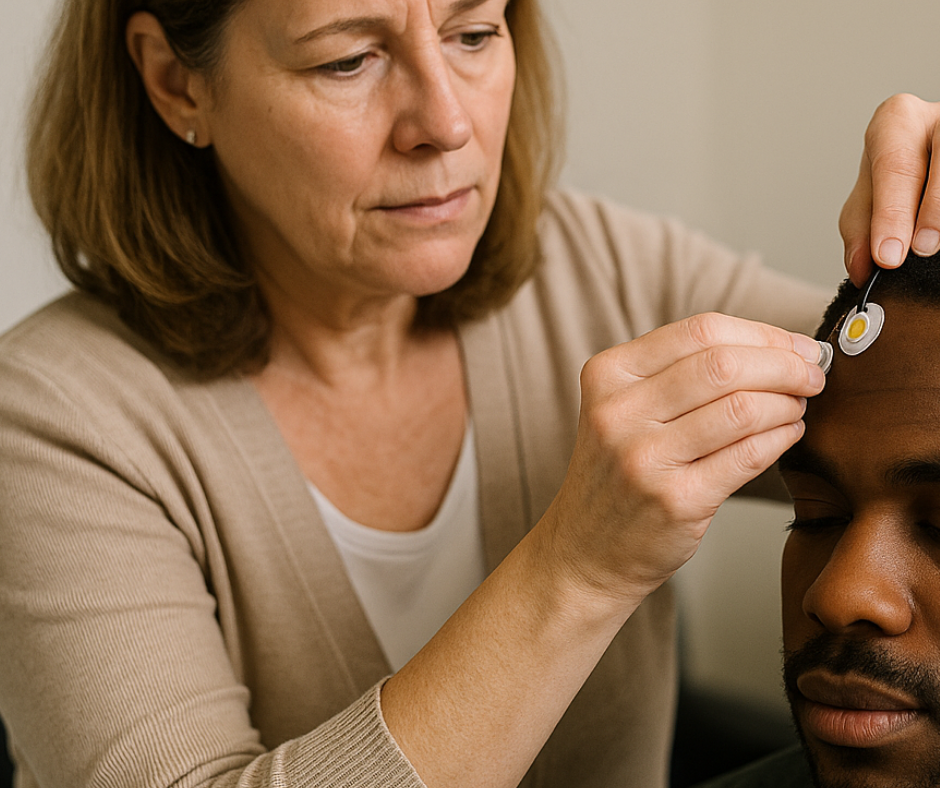 woman applying electrodes to a man